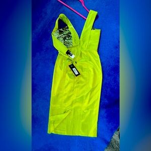 Just Cavalli Vivid Green Satin Dress with V plunge neck, size 40, midi length